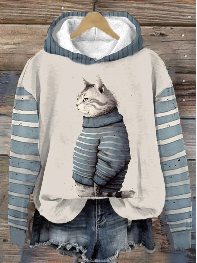 Women's Winter Funny Cute Wonderland Clothing Cat Printed Hooded Sweatshirt