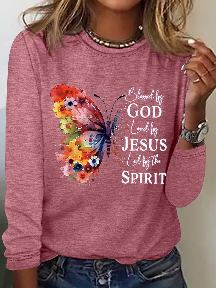 Blessed By God Loved By Jesus Led By The Spirit Cotton-Blend Casual Butterfly Print Long Sleeve Shirt