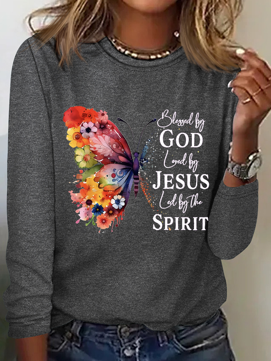 Blessed By God Loved By Jesus Led By The Spirit Cotton-Blend Casual Butterfly Print Long Sleeve Shirt