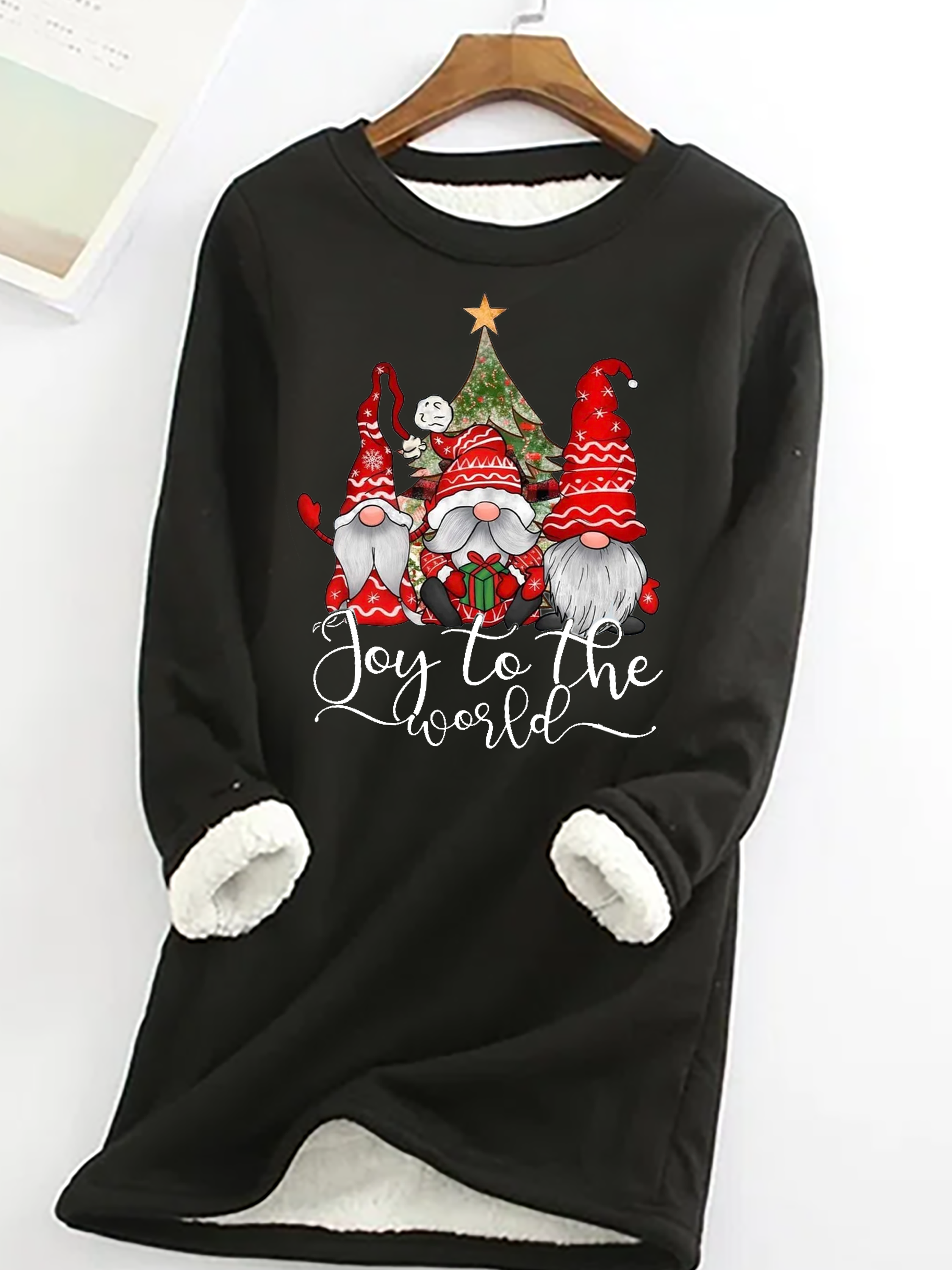 Christmas Joy To The World Gnome Santa Claus Crew Neck Casual Fleece Long Sleeve Sweatshirt