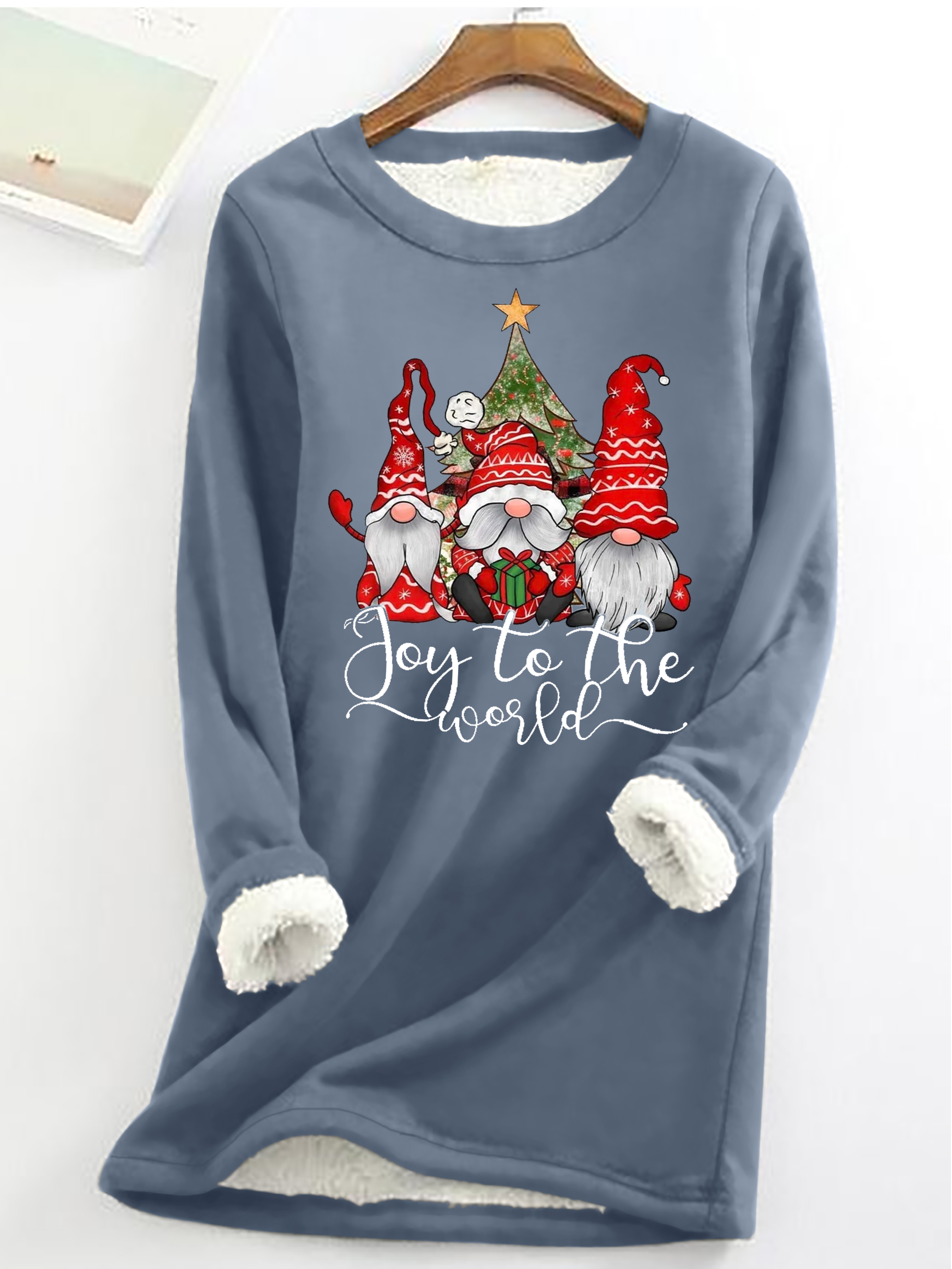 Christmas Joy To The World Gnome Santa Claus Crew Neck Casual Fleece Long Sleeve Sweatshirt