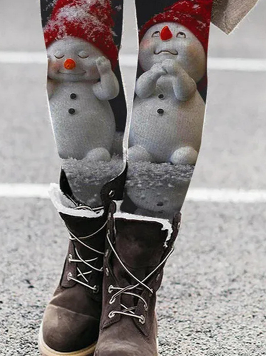 Plus Size Casual Christmas Snowman Tight Leggings