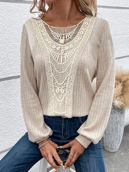 Lace Crochet Design Daily Plain Casual Crew Neck Loose H-Line Long Sleeve T-Shirt