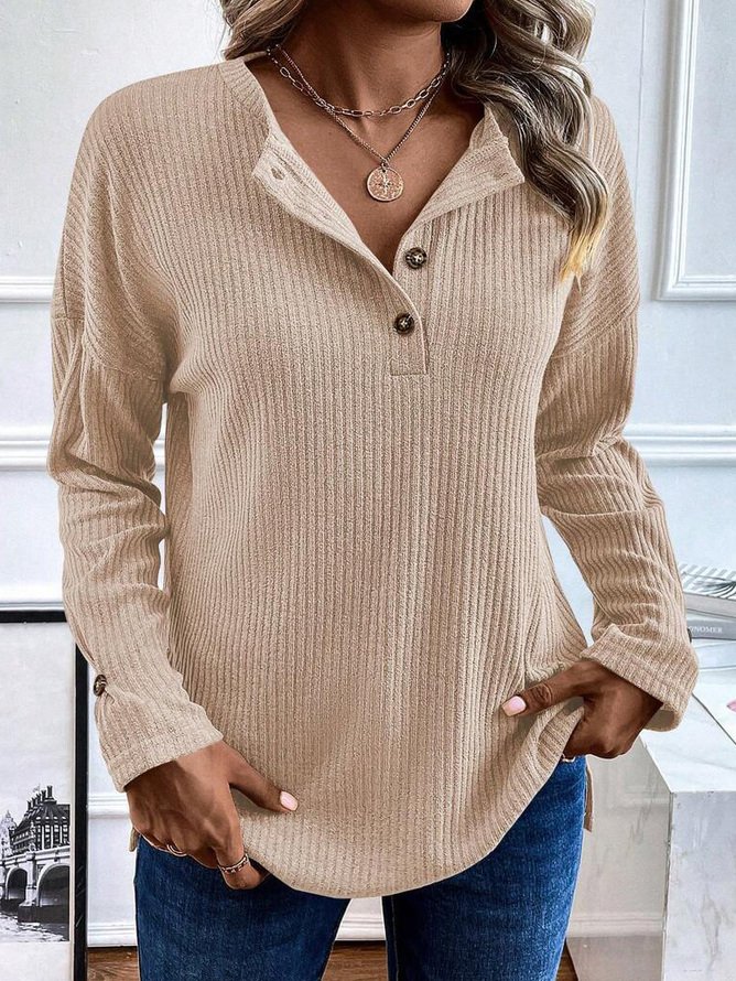 Plus Size Knitted Half Open Collar Plain Casual T-Shirt