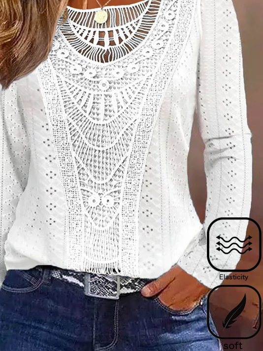 Lace Crochet Design Casual Loose Jacquard Daily Crew Neck H-Line Long Sleeve T-Shirt