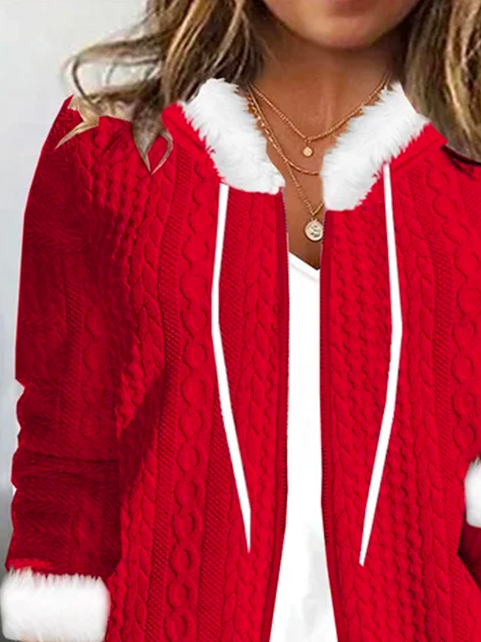 Plus size Christmas Fur Collar Zipper Plain Loose Casual Jacquard Holiday Long Sleeve Pilot Jacket