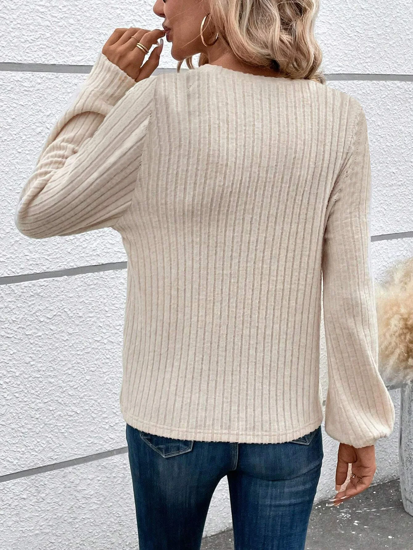 Lace Crochet Design Daily Plain Casual Crew Neck Loose H-Line Long Sleeve T-Shirt