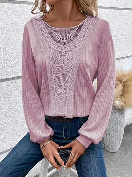 Lace Crochet Design Daily Plain Casual Crew Neck Loose H-Line Long Sleeve T-Shirt