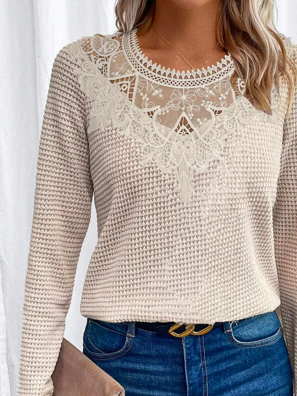 Vintage Hollow Out lace Stitching Design Crew Neck Plain Casual Loose Long Sleeve T-Shirt
