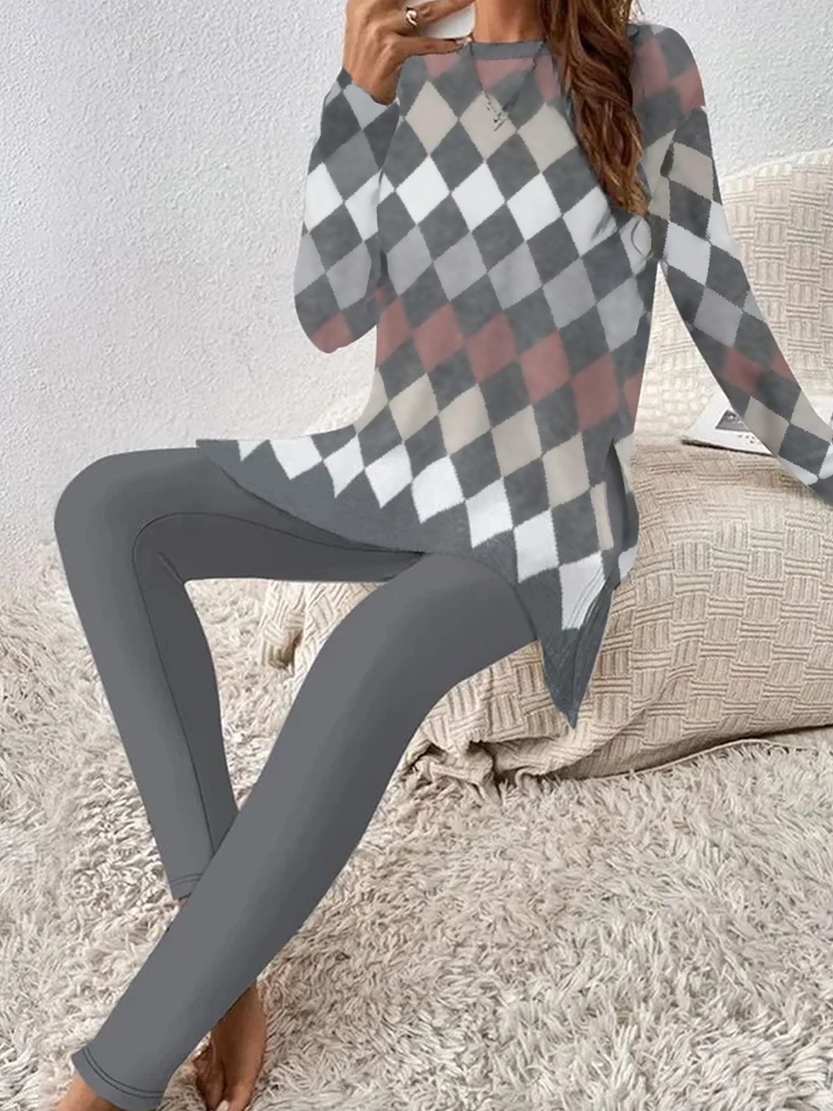 Geometric Print Crew Neck Long Sleeve Top With Pants Loose Casual Two-Piece Set