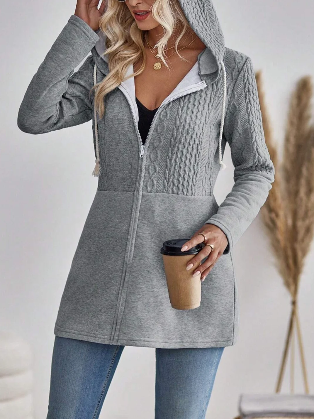 Plain Pocket Stitching Casual Loose Womens' Drawstring Hooded Jacket