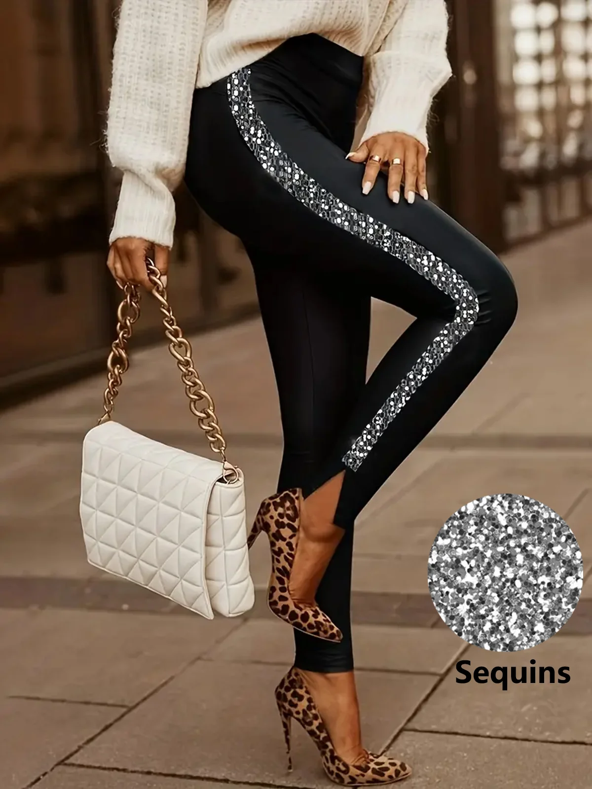 Glitter Casual Plain Leggings