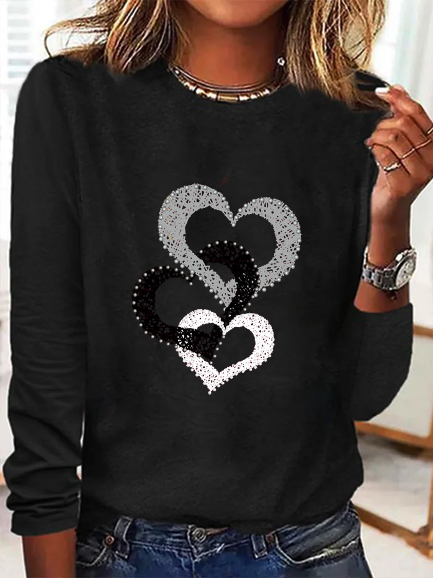 Heart/Cordate Print Valentine's Day Loose Casual Jersey Crew Neck Long Sleeve T-Shirt