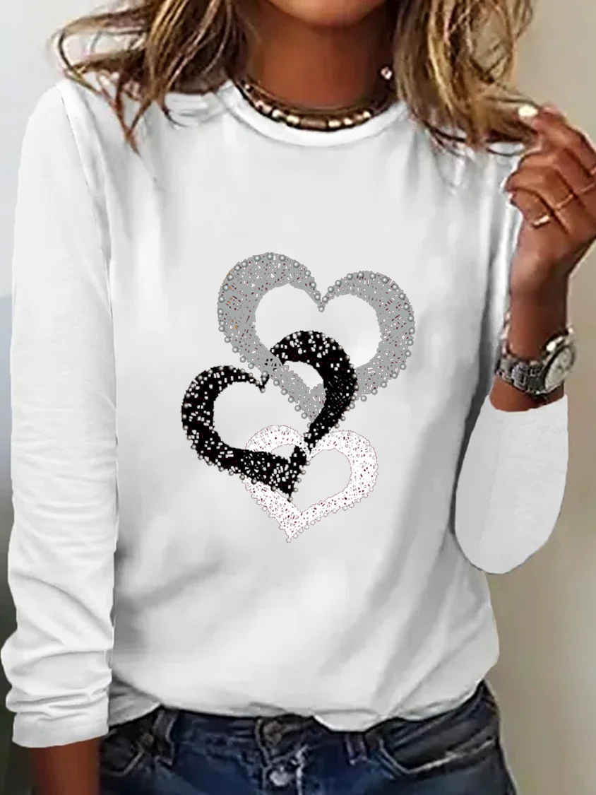 Heart/Cordate Print Valentine's Day Loose Casual Jersey Crew Neck Long Sleeve T-Shirt