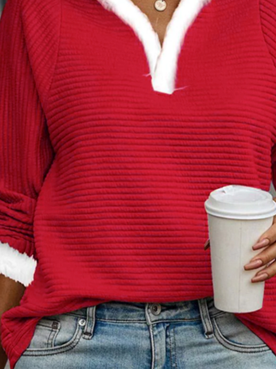 Christmas Fur Collar Heavyweight Plain Holiday Casual V Neck H-Line Long Sleeve Sweatshirt