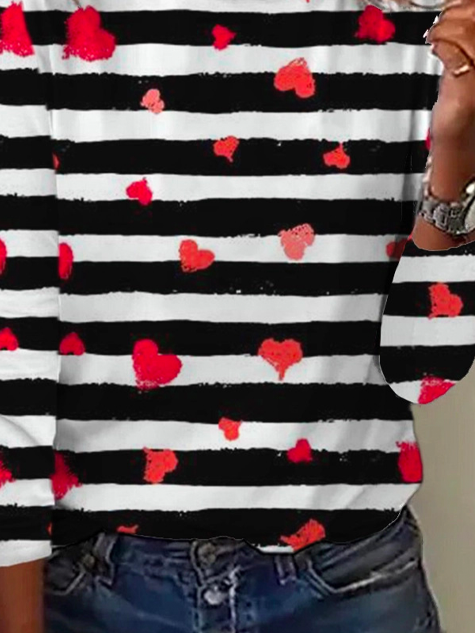 Casual Crew Neck Heart Print Valentine's Day Striped Long Sleeve T-Shirt