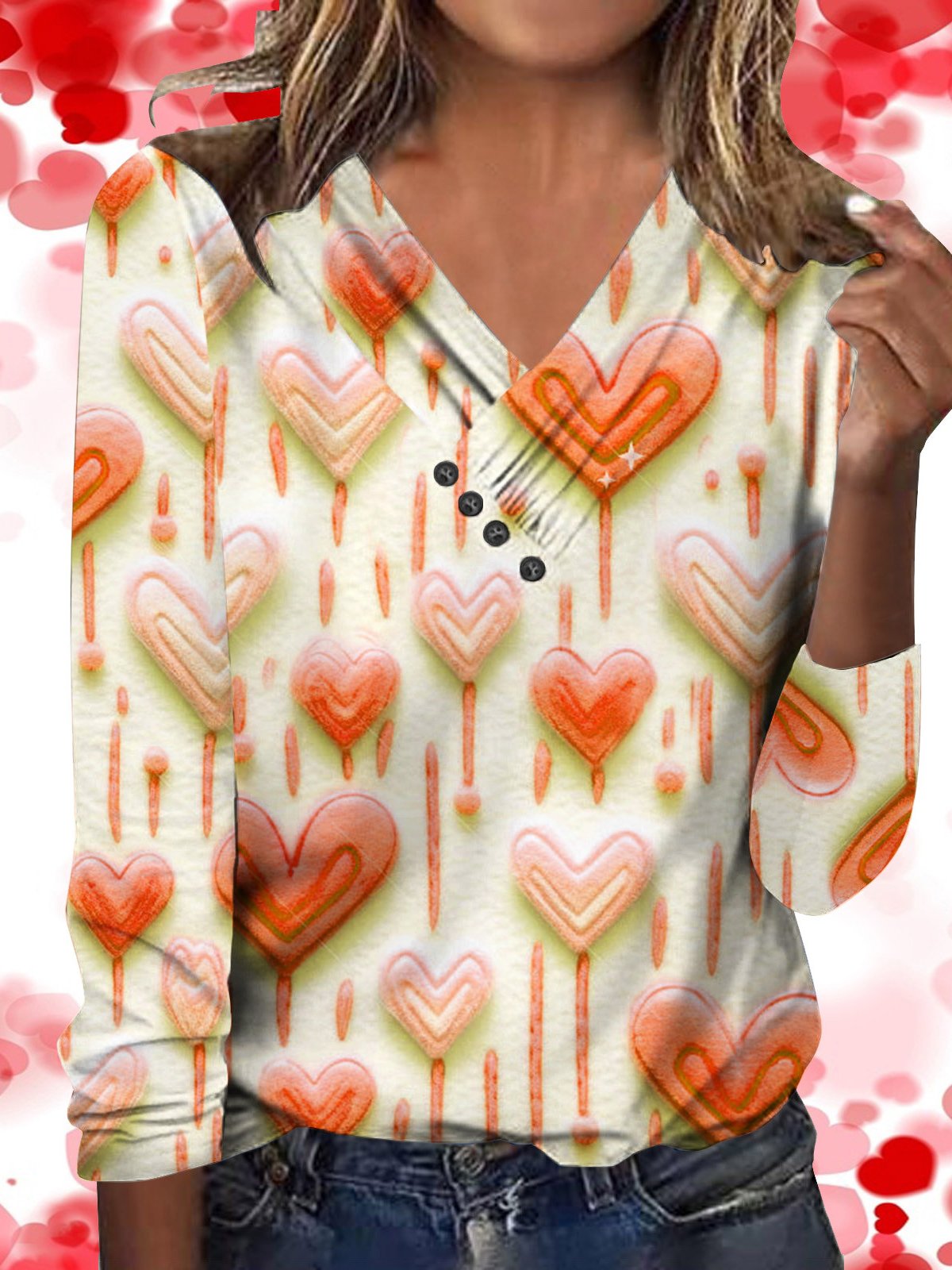 Heart/Cordate Print Valentine's Day Holiday V Neck Loose Daily Casual Long Sleeve T-Shirt