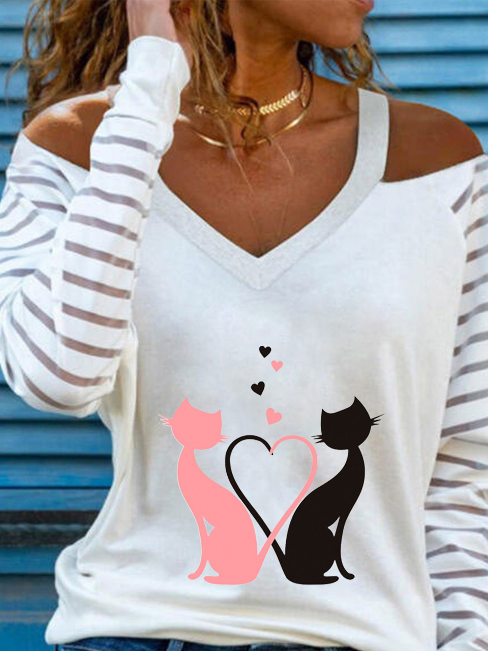 Cat Heart Print Casual Cold Shoulder T-Shirt
