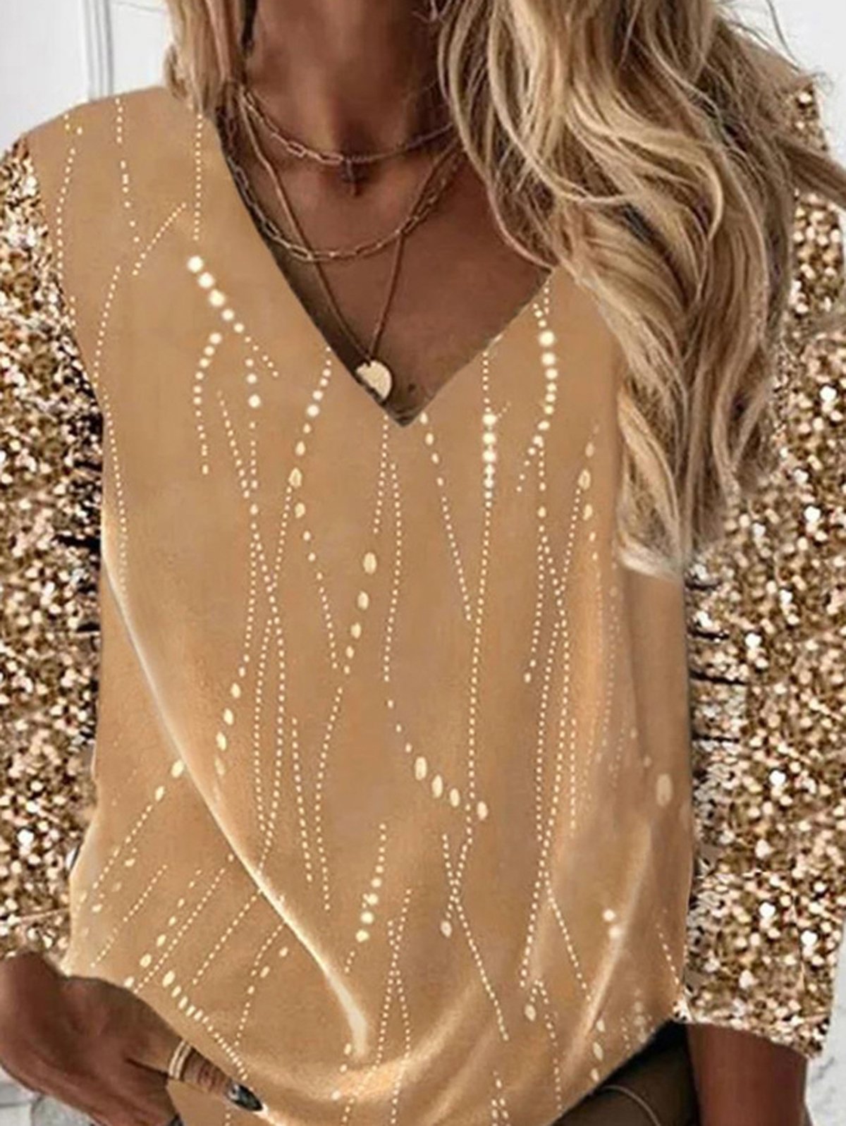 V Neck Casual Glitter Plain Shirt