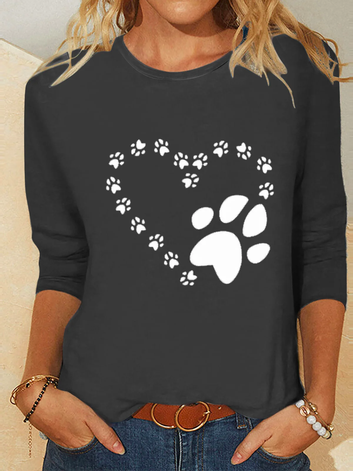 Crew Neck Casual Heart Print T-Shirt