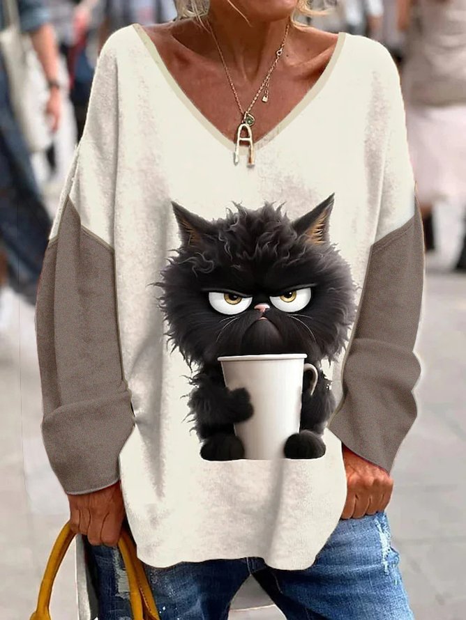 Cat Knitted V Neck Casual Shirt