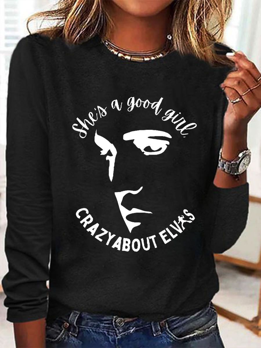 Women's She Is A Good Girl Crazy About King Of Rock Roll Print  Simple Crew Neck Long Sleeve Shirt