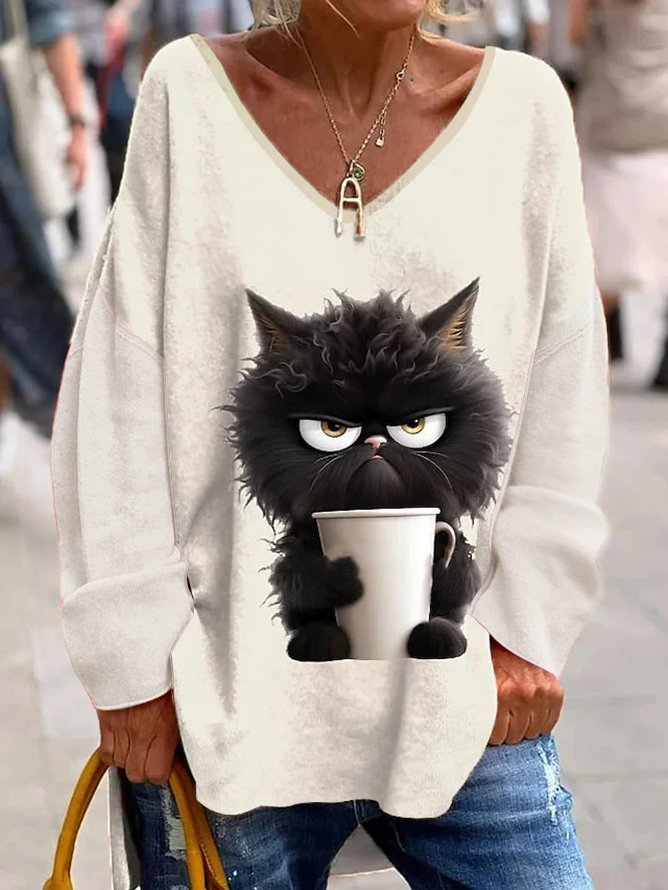 Cat Knitted V Neck Casual Shirt