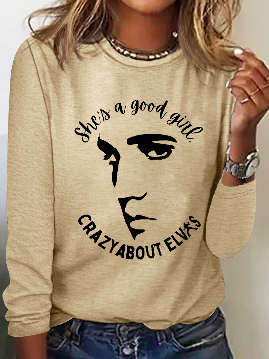 Women's She Is A Good Girl Crazy About King Of Rock Roll Print  Simple Crew Neck Long Sleeve Shirt