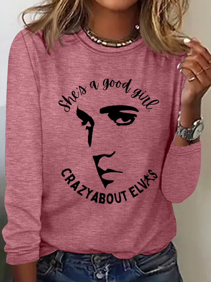 Women's She Is A Good Girl Crazy About King Of Rock Roll Print  Simple Crew Neck Long Sleeve Shirt