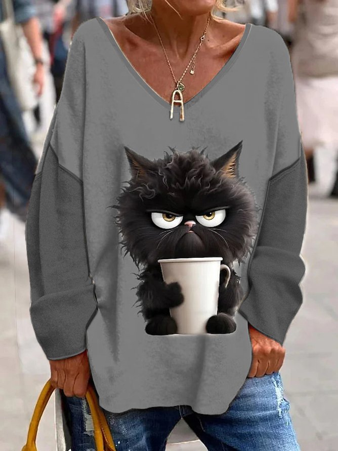 Cat Knitted V Neck Casual Shirt