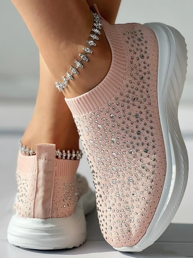 Casual Plain Hot Drilling Mesh Fabric Flyknit Sneakers