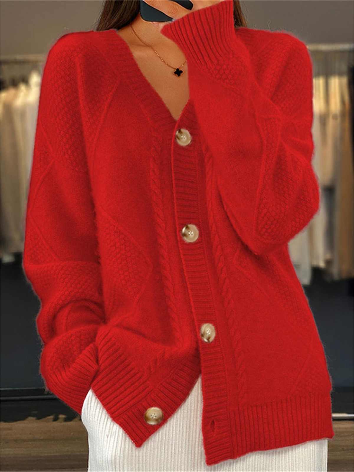 Casual Wool/Knitting Plain Cardigan（Can Be Worn Up To A Weight Of 145 Pounds)