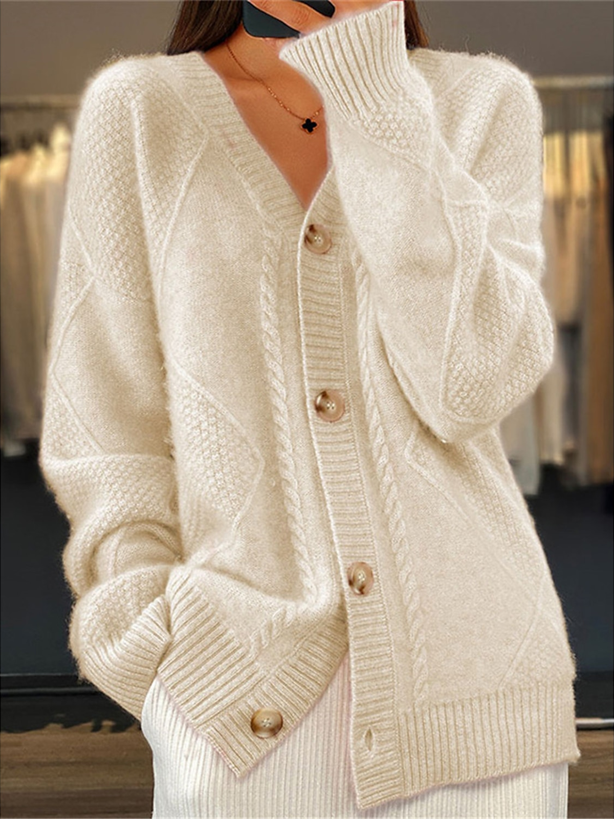 Casual Wool/Knitting Plain Cardigan（Can Be Worn Up To A Weight Of 145 Pounds)