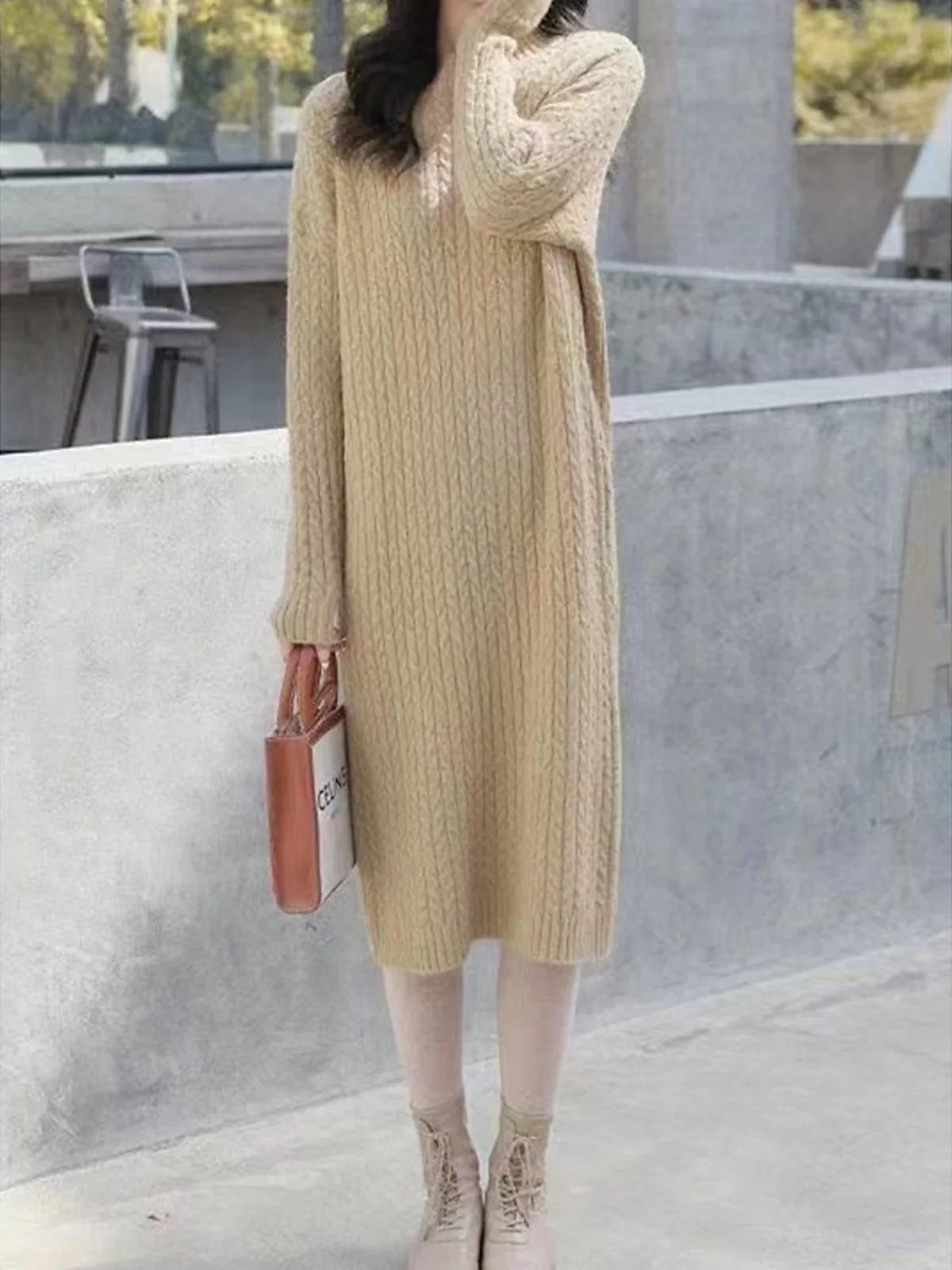 Yarn/Wool Yarn Crew Neck Casual Sweater Dress With No