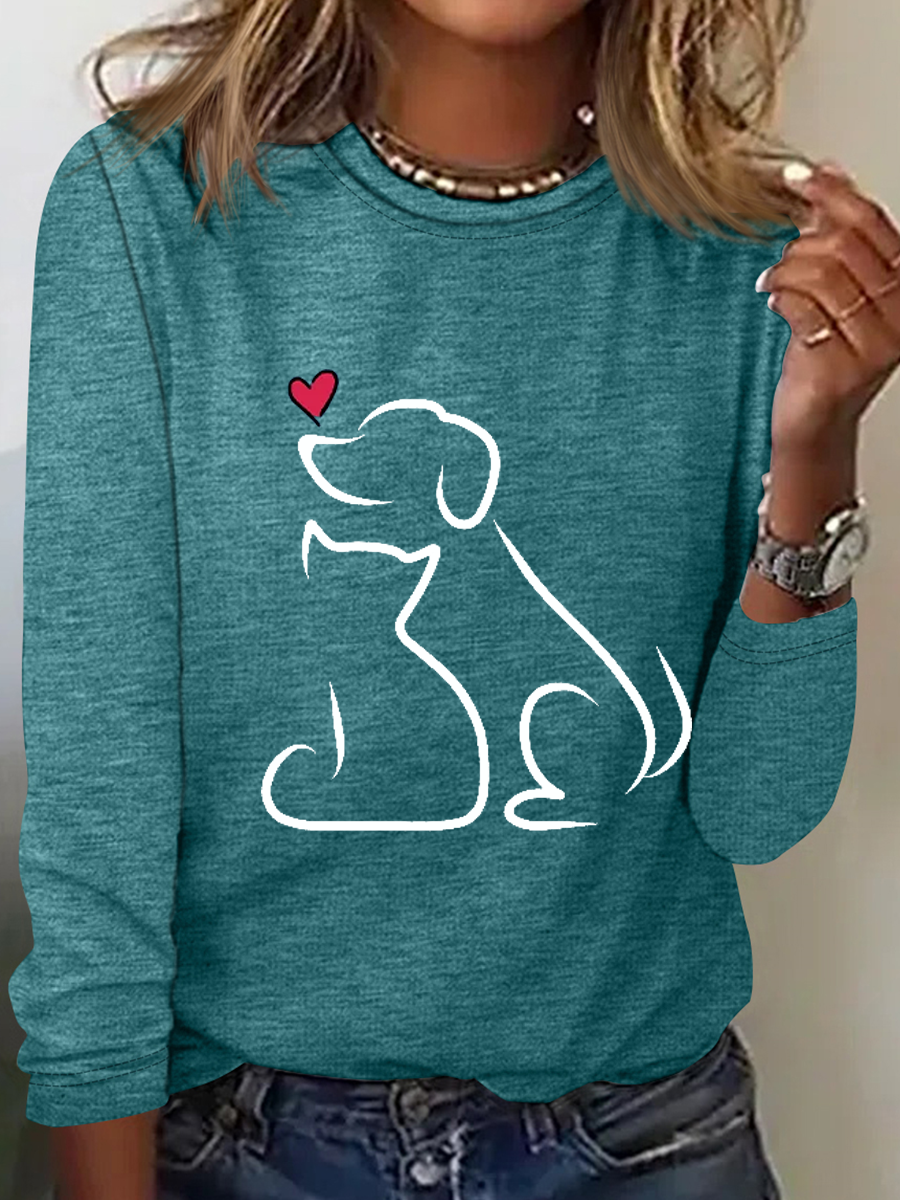 Funny Dog And Cat Heart Simple Cotton-Blend Long Sleeve Shirt