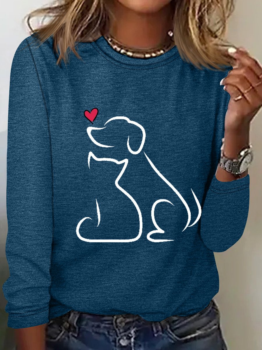 Funny Dog And Cat Heart Simple Cotton-Blend Long Sleeve Shirt