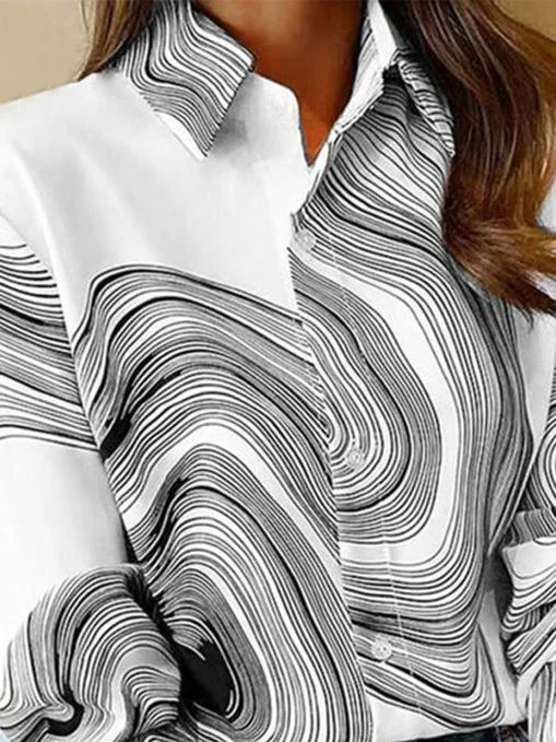 Casual Shirt Collar Loose Abstract Stripes Blouse