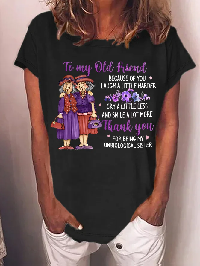 Women's Funny Old Friend Smile A Lot More Graphic Printing Text Letters Cotton-Blend Crew Neck Casual T-Shirt