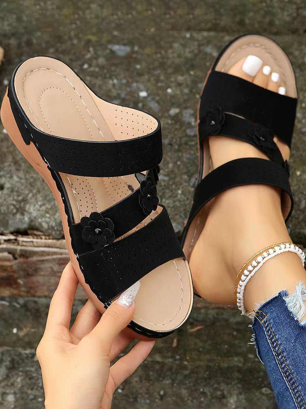 Pu Plain Wedge Heel Slide Sandals