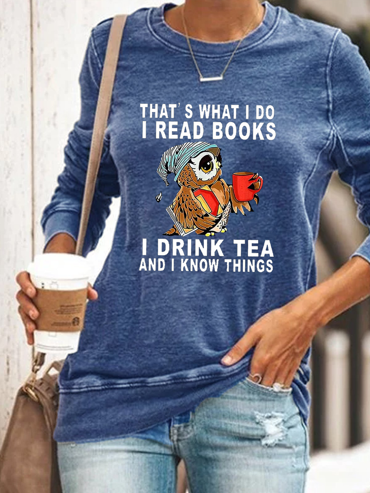 Women Owl That’s What I Do I Read Books I Drink Tea And I Know Things Text Letters Simple Crew Neck Casual Sweatshirt