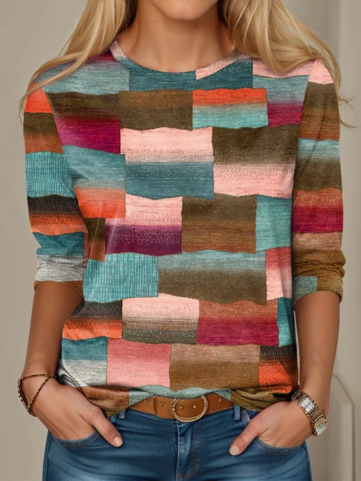 Casual Loose Multicolor Block Crew Neck T-Shirt