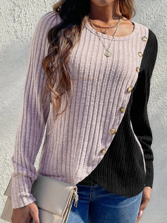 Crew Neck Color Block Casual Loose Shirt