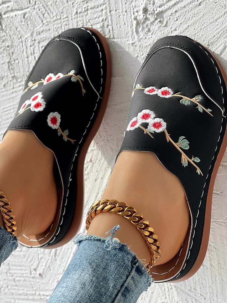 Embroidery Patterns Thick Bottom Casual Pu Slide Sandals