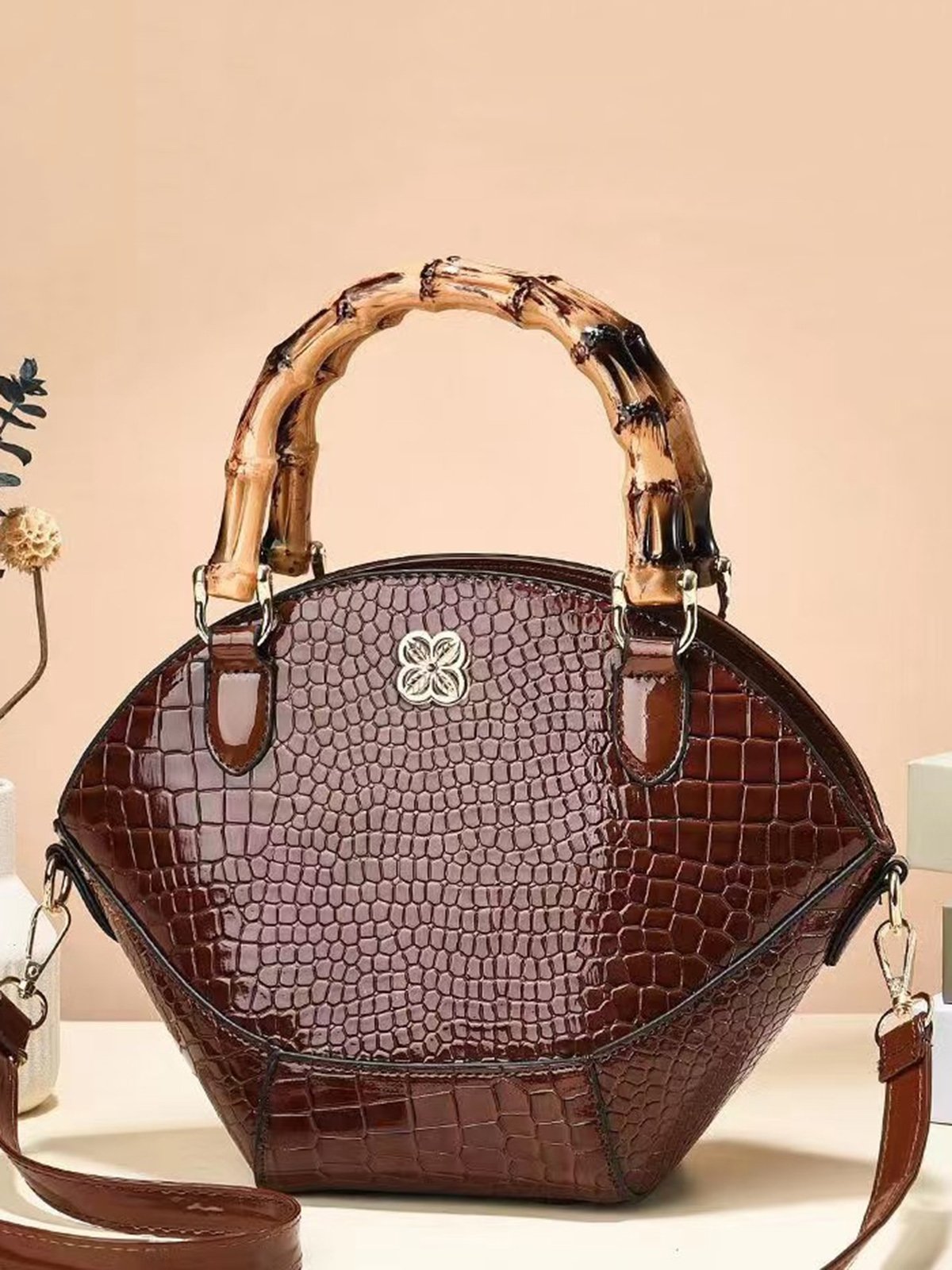 Vintage Imitation Bamboo Handbag Crocodile Pattern Novelty Crossbody Bag