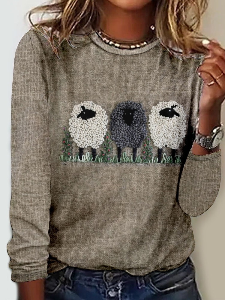 Women's Cute Sheep Pattern Print Crew Neck Animal Casual Long Sleeve Shirt