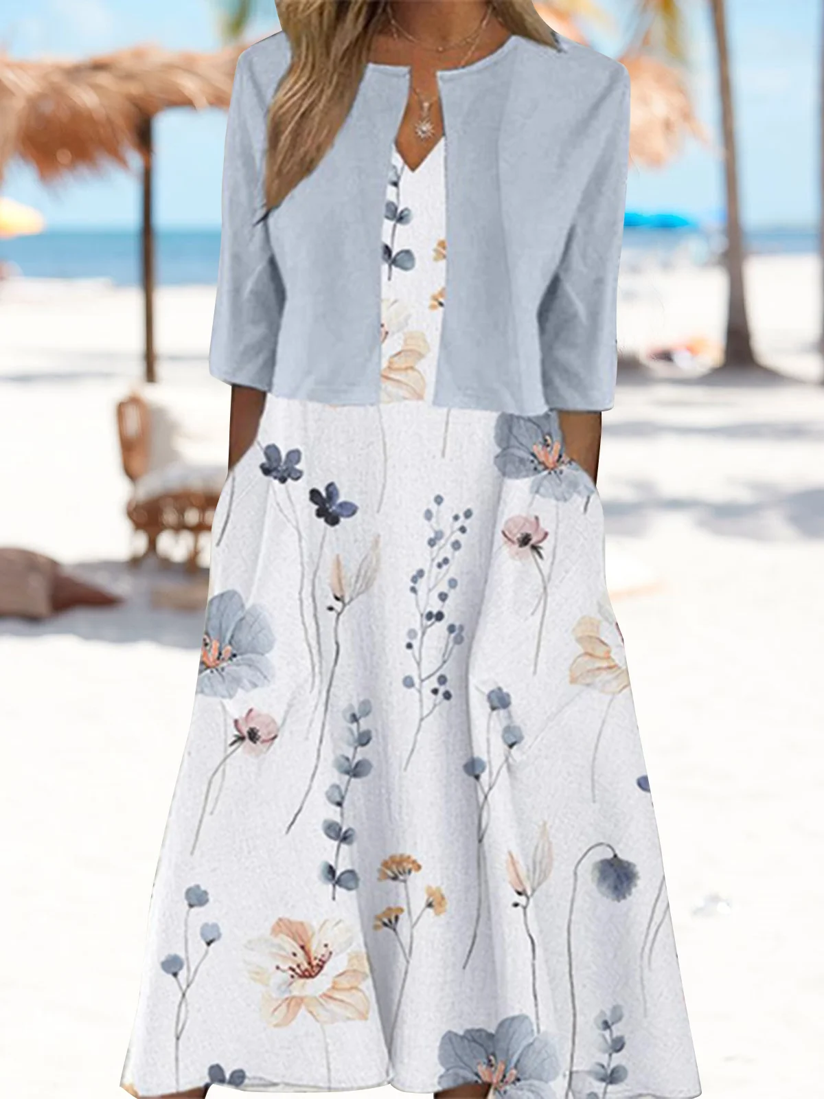 Elegant Loose Floral Printed Dress With 3/4 Sleeve Wrap Two-Piece Set