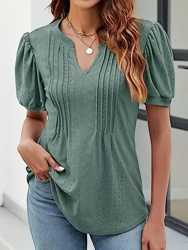 Lace Notched Casual Loose T-Shirt