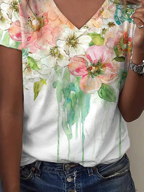 Floral V Neck Jersey Casual T-Shirt