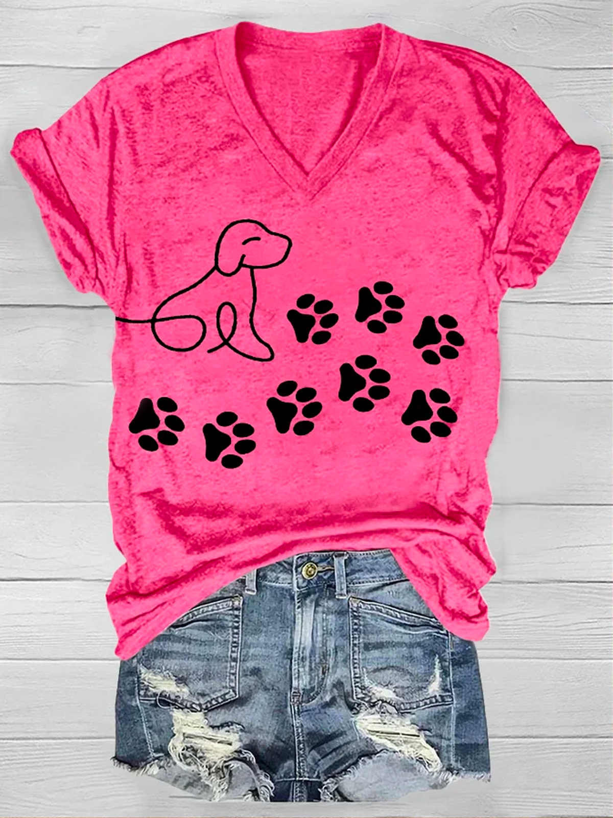 Women's Dog Paw Print Casual Loose V Neck Dog T-Shirt