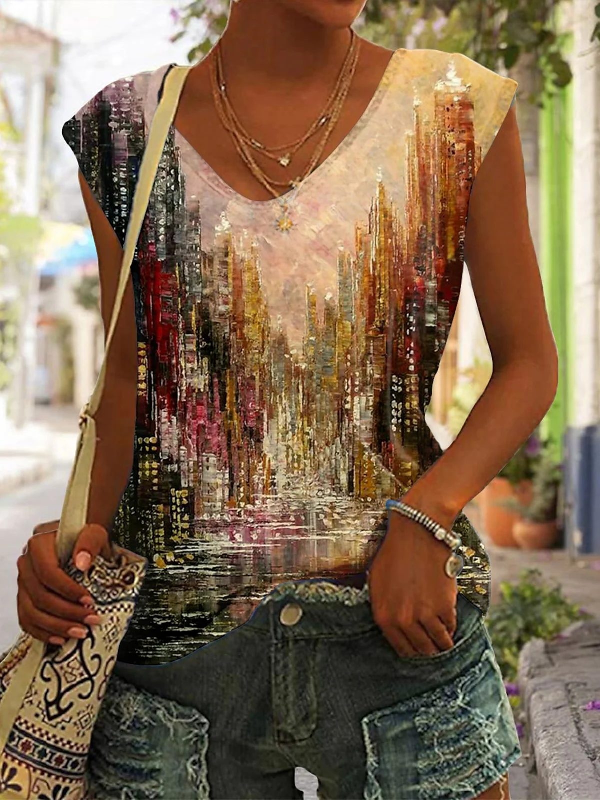 Casual V Neck Landscape Print Loose T-Shirt